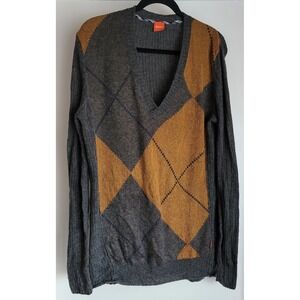 BOSS Mens Argyle Sweater L V-Neck Grey Mustard Mohair Pullover Knit Grandpacore